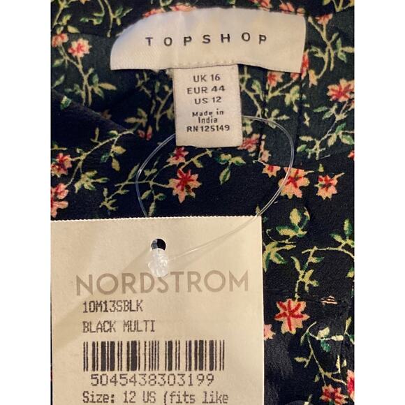 TOPSHOP Tiny Front Pleats Long Sleeve Mini Dress Sz 12 in Black Floral Multi NWT - Picture 6 of 8